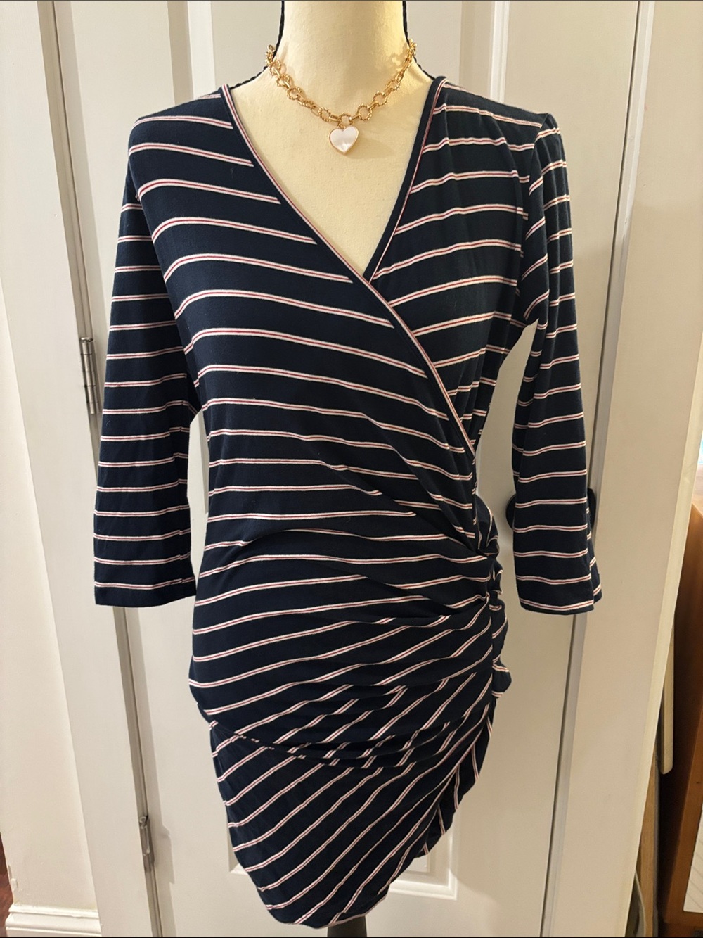 Navy and red and white Striped Wrap-Style Women's Dress